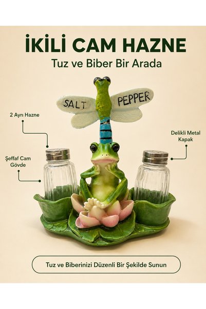 METTREND Double Glass Salt and Pepper Shaker Set with Frog Figure, Dragonfly and Water Lily Design, Decorative Kitchen Product