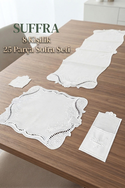 SUFFRA 8 Kişilik Delik İşi Nakışlı Krem Rengi 25 Parça Sofra Seti