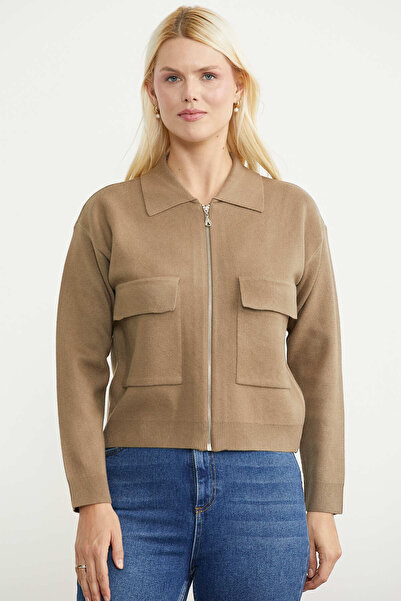 Sementa Large Pocket Zippered Knitwear Jacket - Mink