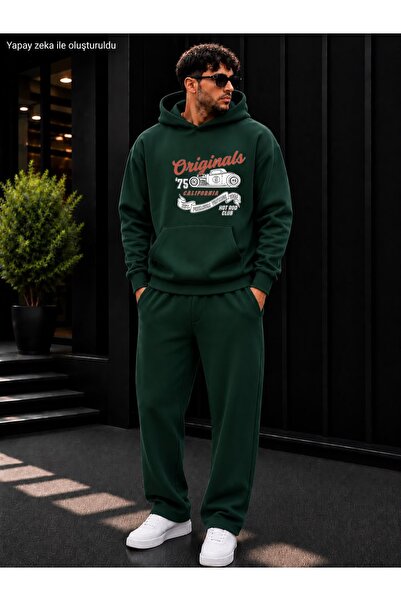 caddekombin Men's Originals 75 Car Printed Tracksuit Set / Hooded Kangaroo Po...