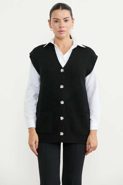 Sementa V-Neck Knitwear Vest with Pockets - Black