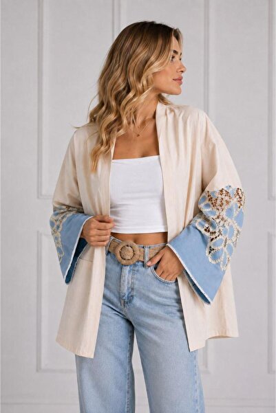 Benedetto Kadın Özel Tasarım Çiçek Dantelli Denim Detaylı Modern Kimono Ceket