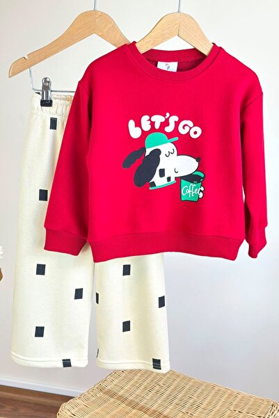 Minigimin Cicileri Dog Printed Wide Leg Unisex Children's 2-Piece Set - Red