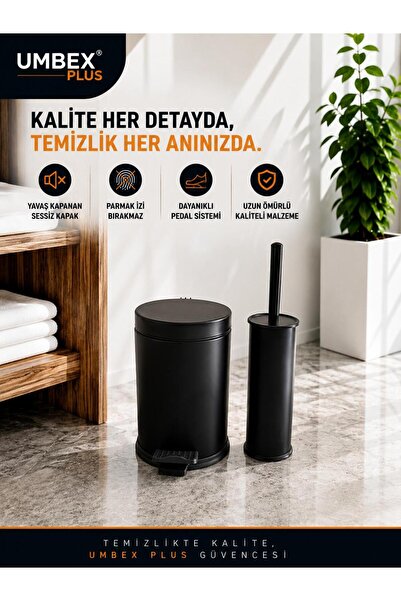 UMBEX PLUS 3 LT SIYAH METAL PASLANMAZ ÇÖP KOVASI WC FIRCASI ÇÖP KUTUSU PEDALLI