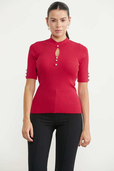 Sementa Drop Collar Short Sleeve Knit Sweater - Red