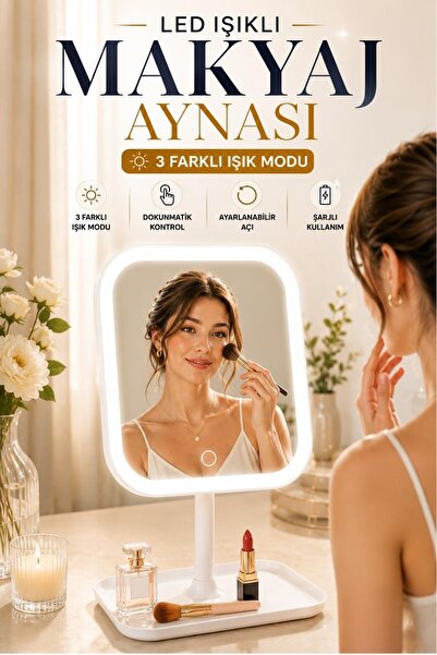 Kitchen Beauty Led Işıklı Makyaj Aynası 3 Renk Işık Dokunmatik Ayarlanabilir Dikdörtgen Masa Üstü Makyaj Aynası Usb Şarjlı