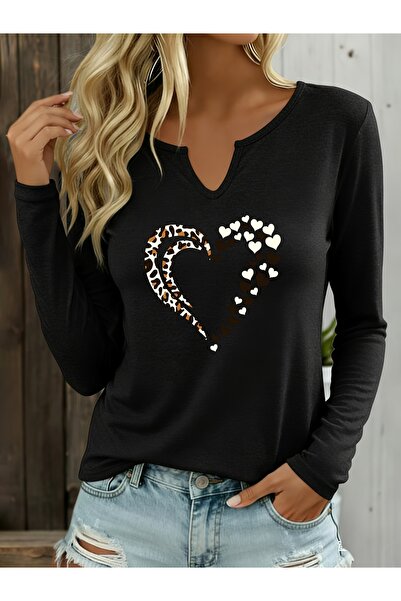 Deocept Printed Cotton Half V-Neck Long Sleeve Blouse T-Shirt
