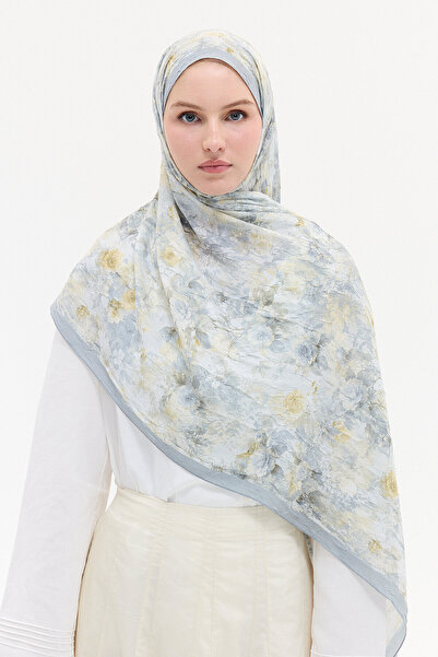 cs camellia scarf Vintage Çiçek Desen Kraş Şal - Sarı Gri