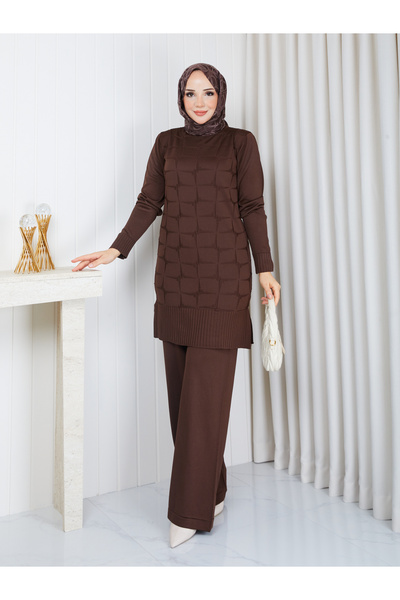 KAYA BUTİK Cold Yarn Self-Star Patterned Tunic Pants Set