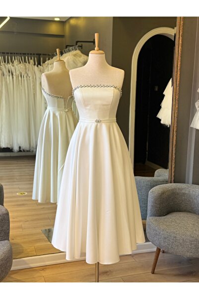 Lenta Wedding Straplez Yaka Taş Detaylı Beyaz Midi Boy Saten Gece ve Nikah El...