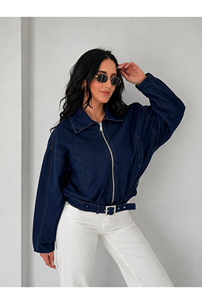 Myawomenswear Kadın Kemer Detaylı Kot Ceket Oversize Fermuarlı Denim Ceket La...