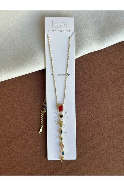 rycollections Gold Y Steel Necklace Adorned with 7 Elements of Red Geometric and Different Shaped Colorful Zircon Stone Details