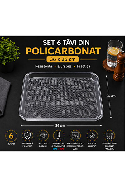 POLIGLOW Set de 6 tăvi din policarbonat 36 × 26 cm – Rezistente la impact și ...