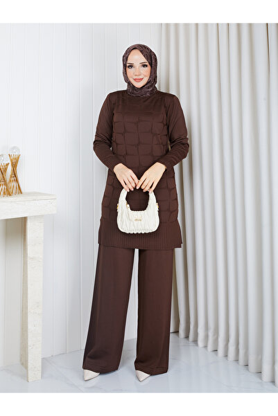 KAYA BUTİK Cold Yarn Self-Star Patterned Tunic Pants Set