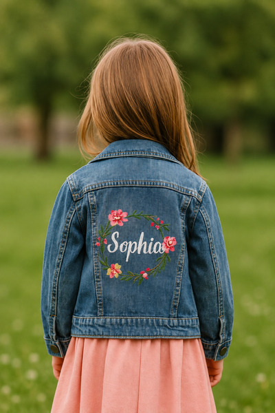 X Design Hand-Painted Denim Jacket – Personalized Floral Wreath Design