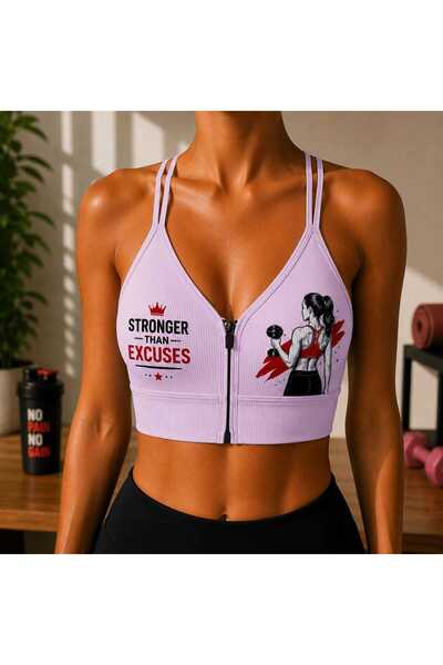 Novera Ribbed Patterned Zippered Sports Bra with Removable Pads Gym Pattern S...