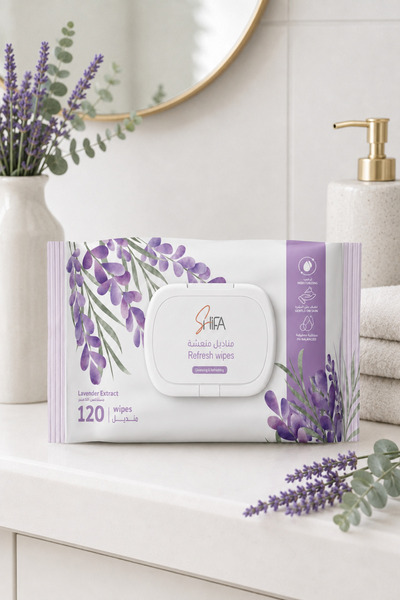Shifa Refresh Wipes Lavender, 120 Soft Sheets for Face and Body Cleansing, Pack