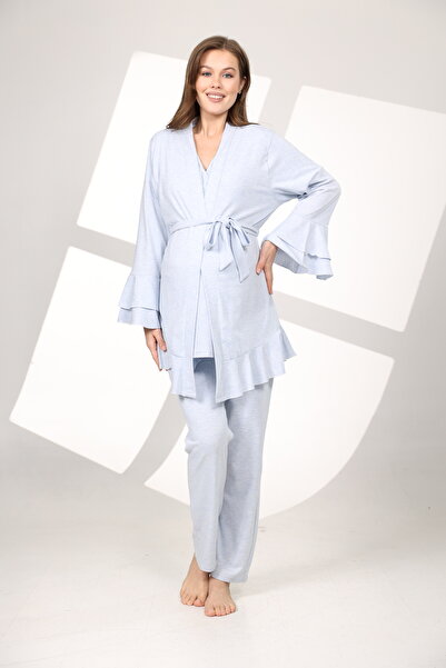 Rimel Homewear Blue Melange Soft Textured Double-Breasted Maternity Pajama Se...