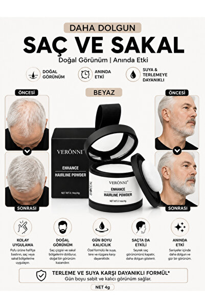 BİOREAL Saç Dolgunlaştırıcı Beyaz Pudra | Seyrek Sakal Saçlar için Saç Fiberi | Suda Çıkmaz Boya