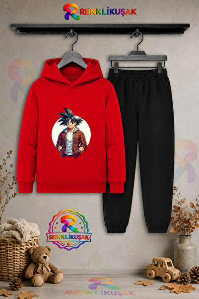 RENKLİKUŞAK Çocuk Unisex Goku Beyaz Daire Gomlekli Baskılı Kapşonlu Eşofman T...