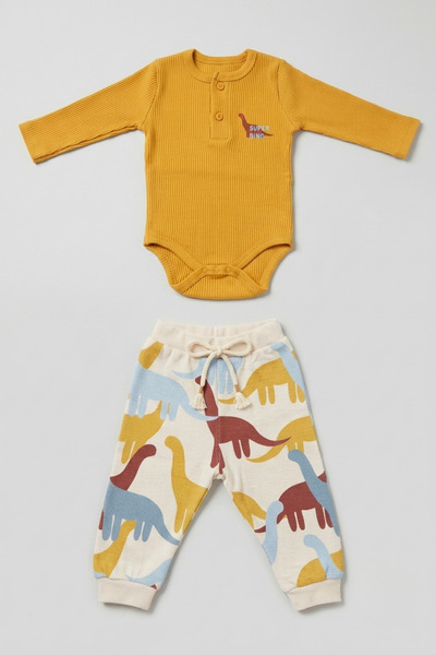 zumino Erkek Bebek Dinozor Desenli Fitilli Çıtçıtlı Body ve Jogger Pantolon T...