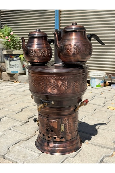 Osmanlı Bakırcılık Eskitme Model 10 Litre Bakır Semaver Çift Demlikli ( Odunlu )