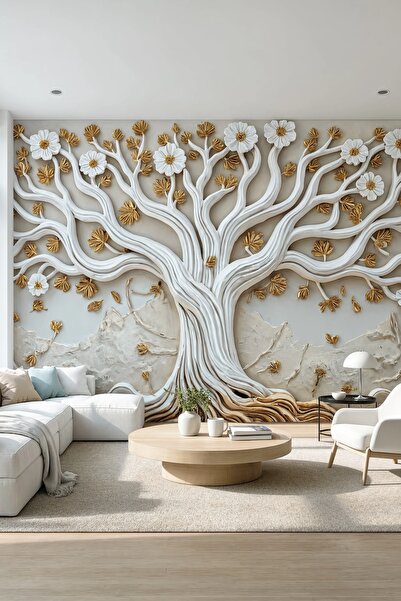 dreamwall Altın Kökler- Çiçekli Ağaç Desenli Tek Parça Tekstil Duvar Kağıdı
