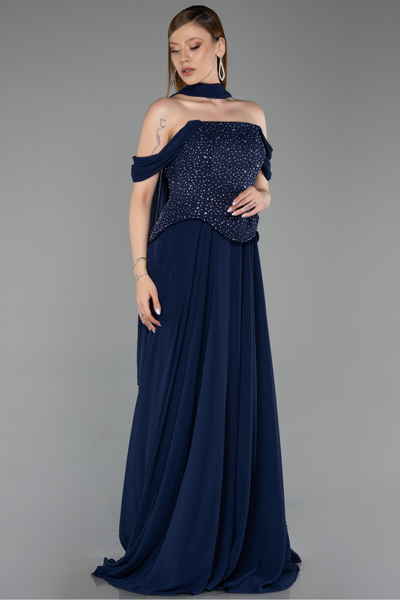 Abiyefon Lacivert Kayık Yaka Taşlı Peplum Kesim Uzun Şifon Abiye ABU6221