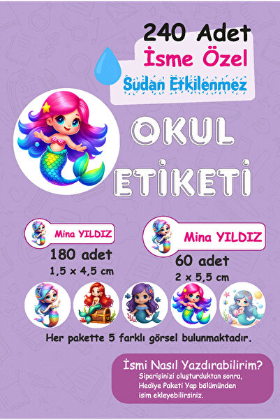 Mina Design Studio Deniz Kızı Kişiye Özel Sudan Etkilenmeyen Okul Etiketi 240...