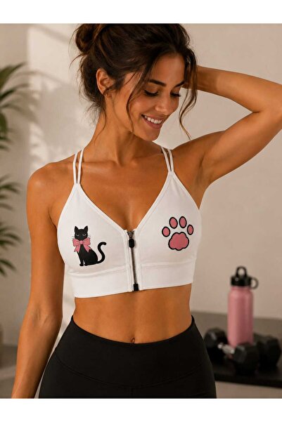 Novera Ribbed Cat Patterned Zippered Sports Bra Bustier with Removable Pads