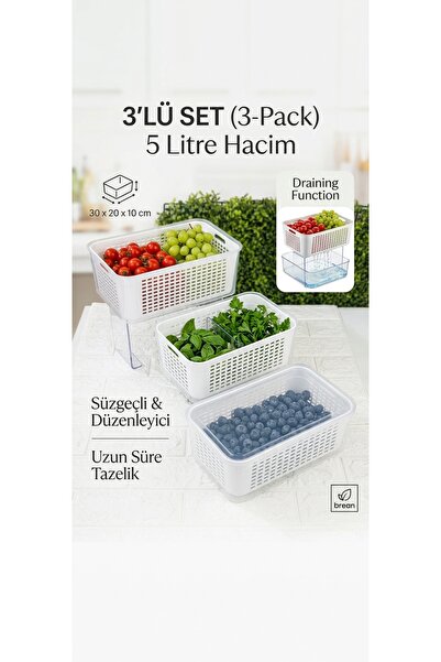 KAPLANBABA 3’lü Set 5 Litre Süzgeçli Saklama Kabı (30x20x10 cm) – Buzdolabı İ...