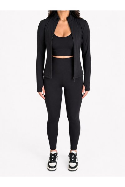 TÜKATO Women's Black Color Zippered Stand Collar Sports Jacket with Ankle Detail