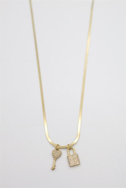 Ethab Ticaret Glb-stl41414 stone key lock necklace - gold