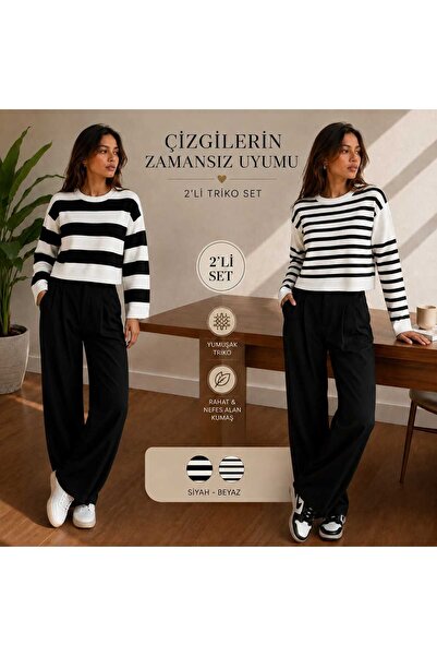 cheen Women's Crop 2-Piece Advantage Pack Striped Crew Neck Knitwear Sweater