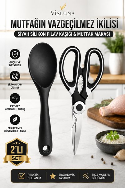 VİSLUNA Silikon Sert Uçlu Pilav Kaşığı ve Mutfak Makası 2’li Set – Pratik Mutfak Gereçleri Seti