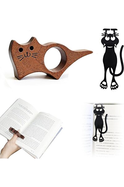 TERRIFI 2Pcs Cat Book Page Holder, Walnut Wood Thumb Page Stand for Hands Fre...