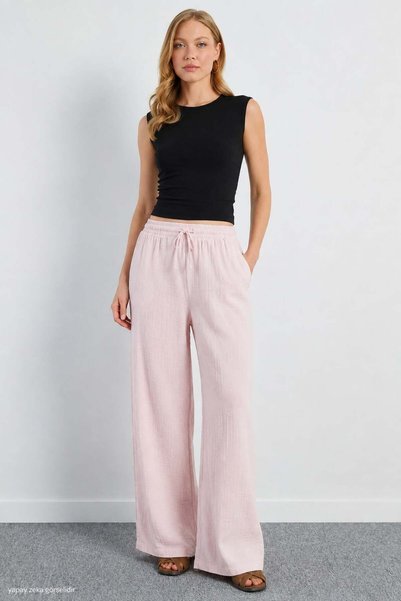 ModaPlaza Women's Wide Leg Muslin Trousers 8018