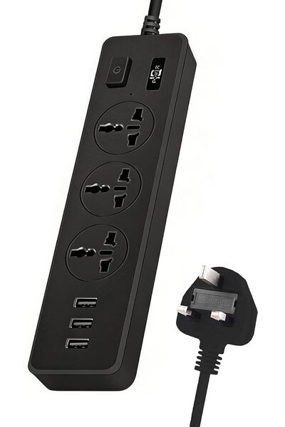GENERAL شريط طاقة بريطاني بطول 2 متر، 3 مقابس بريطانية + 3 منافذ USB (شحن سري...