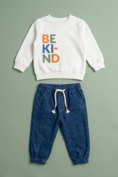 zumino طقم سويت شيرت مطبوع عليه Be Kind وبنطلون جينز رياضي للجنسين للأطفال