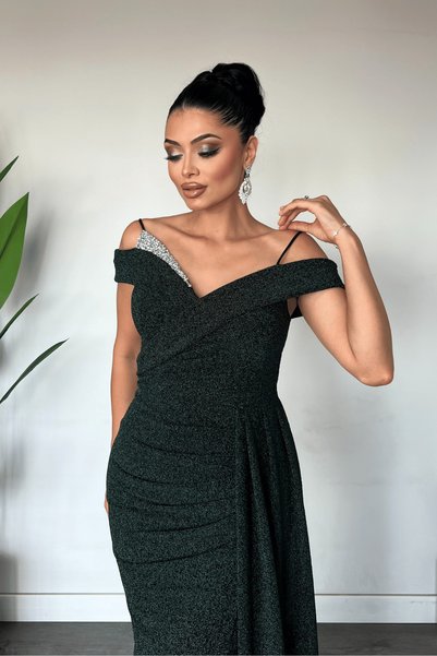 giyimmasalı Rochie de seară cu detalii din șal din țesătură metalizată - VERDE SMARAGD