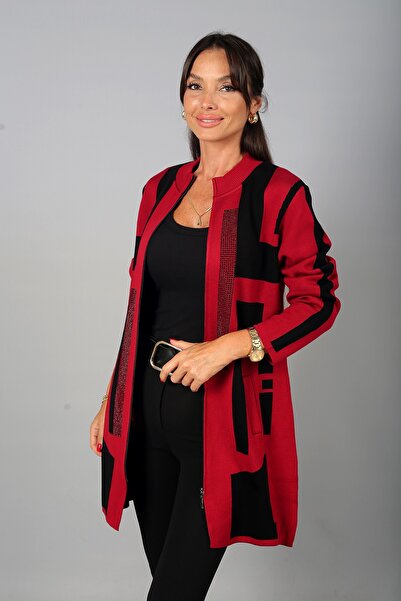 By Saygı Women's Front Zippered Color Block Stone Detailed B.B Knitwear Cardigan