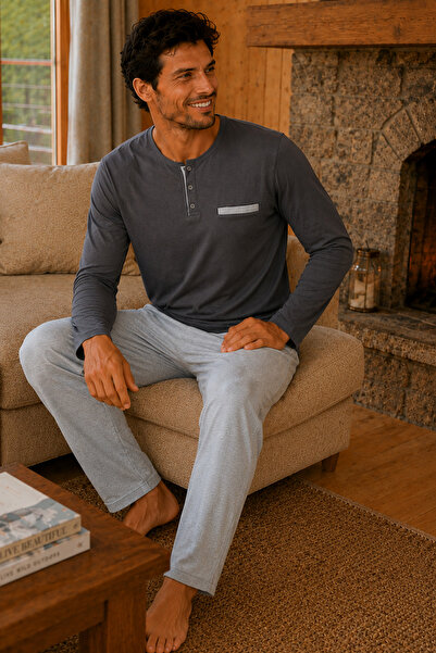 ELİTOL Combed Cotton Knitted Cotton Men's Long Sleeve Buttoned Fileto Embroid...