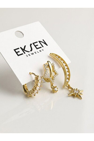 Yıldız ve Ay Figürlü Baget Taşlı 3'lü Çoklu Küpe