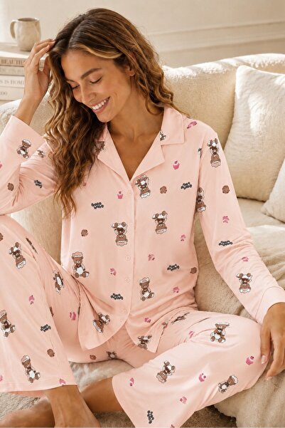 ELİTOL Salmon Ground Bear Print Patterned Bamboo Knitted Women's Buttoned Lon...