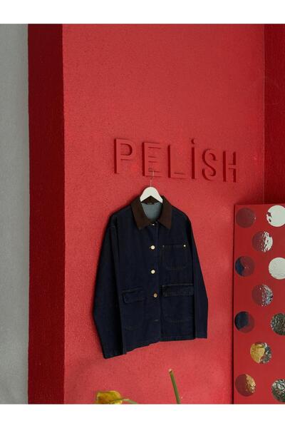 pelish Koyu Lacivert Kahverengi Kadife Yaka Detaylı Denim Ceket
