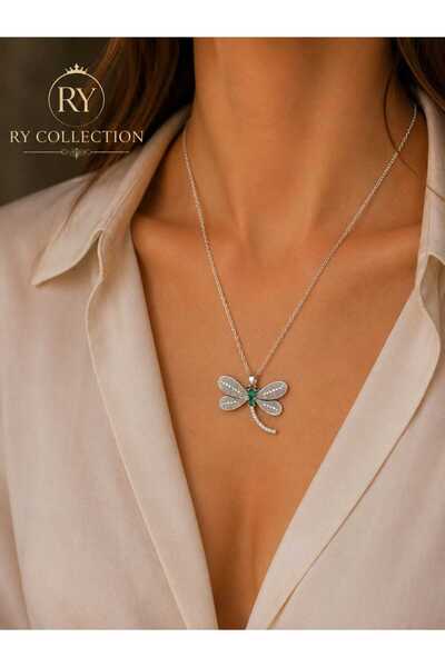 rycollections Silver Necklace with a Dragonfly Figure in Emerald Green Stone ...
