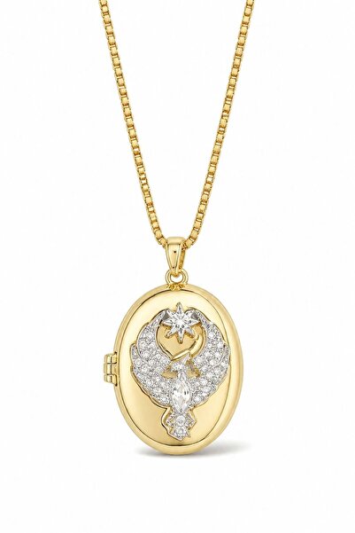 LYKOS Steel Gold Color Chain with Zircon Stone and Phoenix Embroidery Openabl...