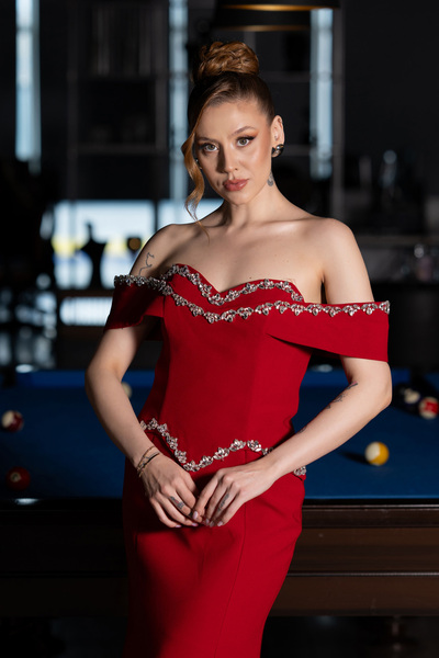 Abiyefon Kırmızı Taş İşlemeli Peplum Uzun Balık Abiye Elbise ABU6198