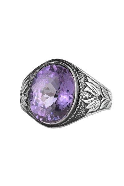 Sertifikalı Alexandrite Taşlı Erkek Yüzük 925 Ayar Gümüş - Çiçek İşlemeli Vintage Tasarımlı Ov