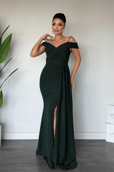giyimmasalı Metallic Fabric Shawl Detailed Evening Dress - Emerald Green